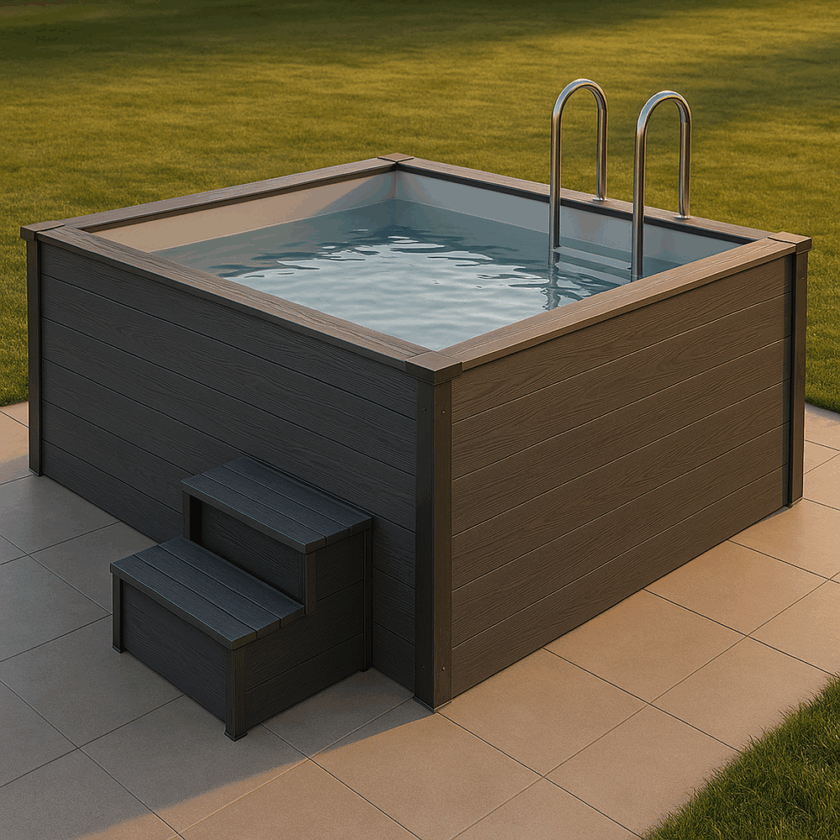 Piscina elevada exterior gris madera 2.7x2.5m con escalera de acero