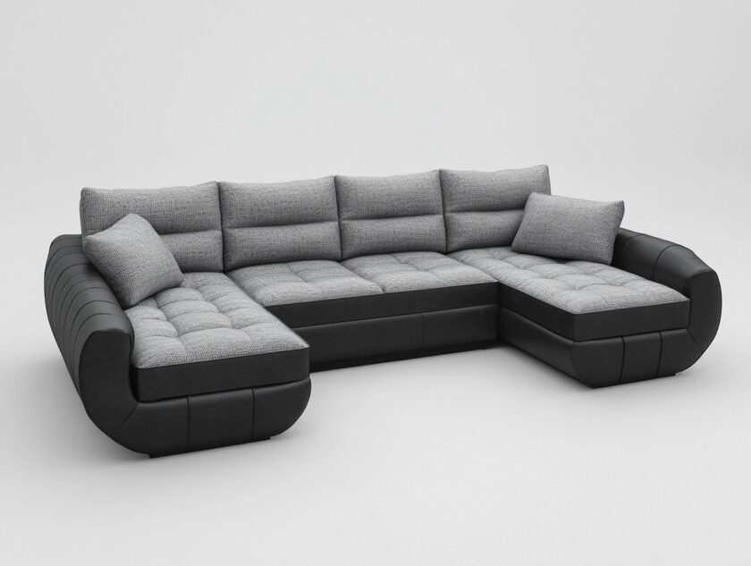 Sofá seccional moderno gris y negro de tela y cuero sintético para sala amplio y cómodo con chaise longue 280x210x90 cm JZ5806115