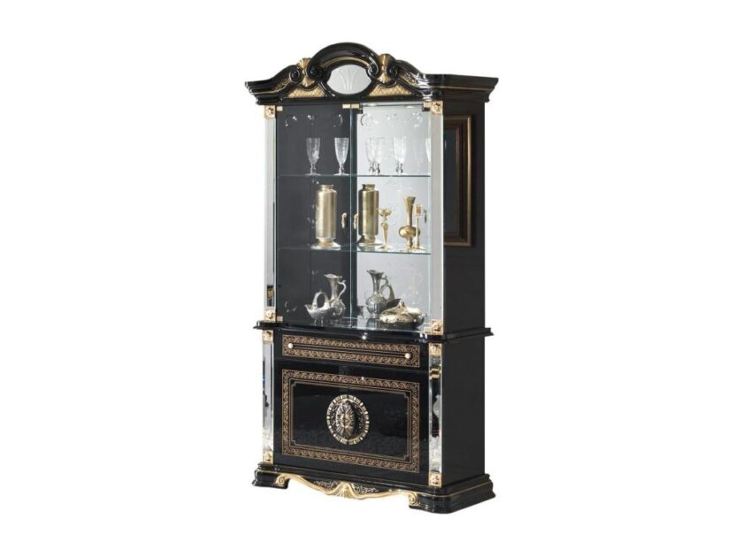 Vitrine 4 Portes 1 Tiroir Bois Vernis Laqué Brillant Noir Et Doré Estilopure 105Cm