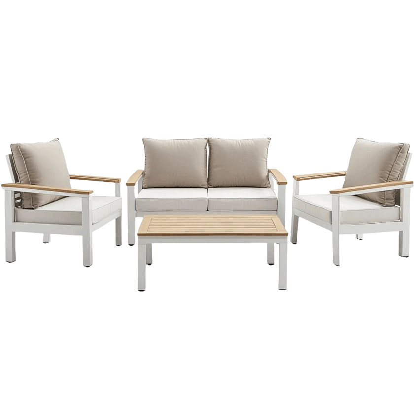 Conjunto de muebles de jardín blanco y beige, sofá y sillones con mesa de aluminio y madera, 4 plazas para terraza jo7056247