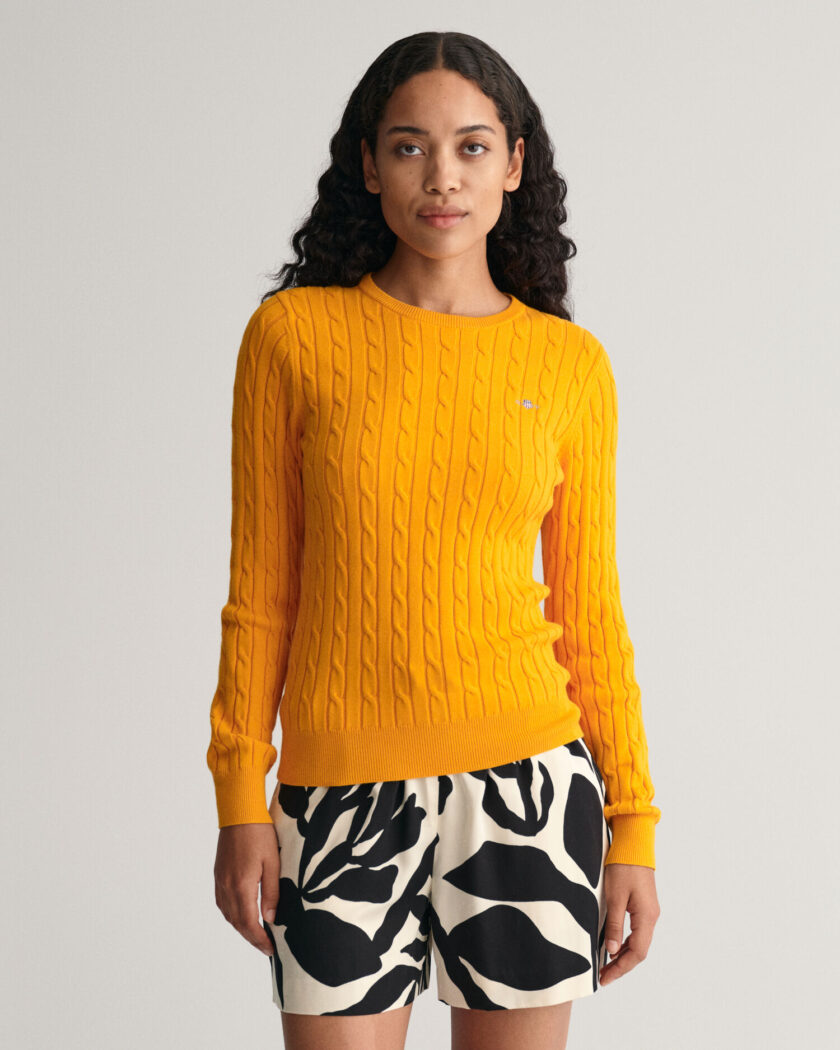 Stretch Cotton Cable Knit Crew Neck Sweater