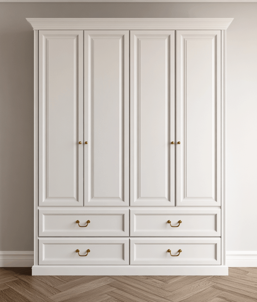 Armoire blanche classique avec poignées dorées