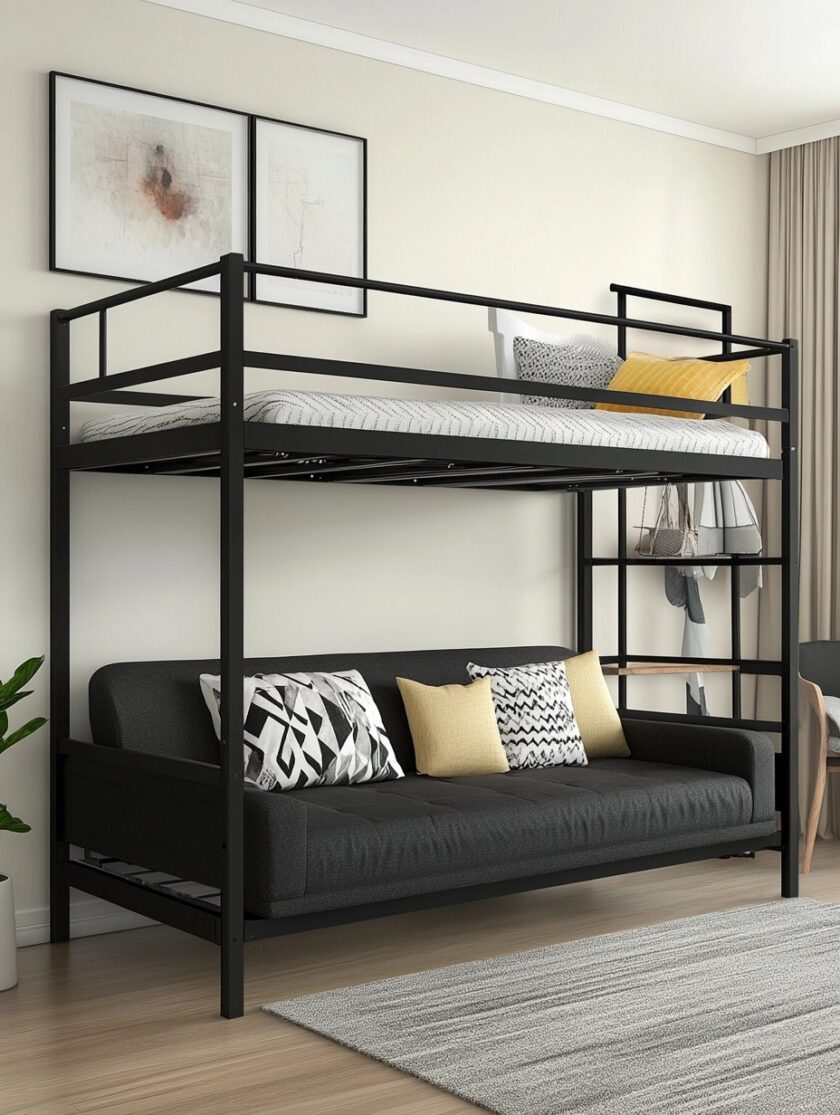 Cama alta niño con sofá convertible,negro,acero,dormitorio infantil,198x170x96 cm