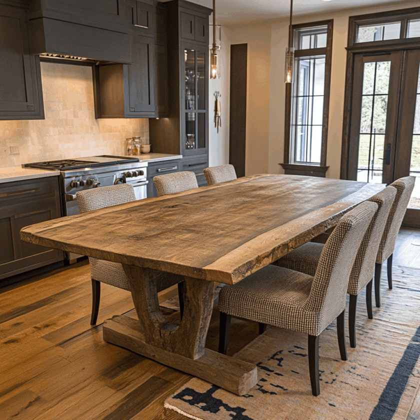 Mesa de comedor rústica de madera para 6-8 personas, color natural, confeccionada.