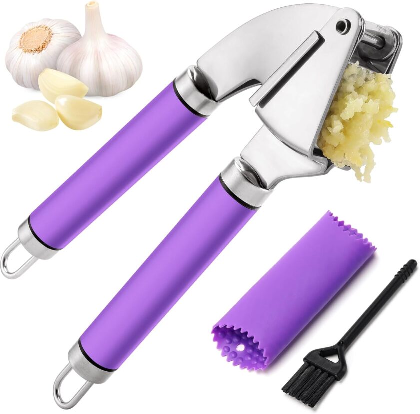 Garlic Press Mincer, 304 Stainless Steel Garlic Press with Garlic Peeler Tube, Heavy Duty Metal Ginger Press, Purple