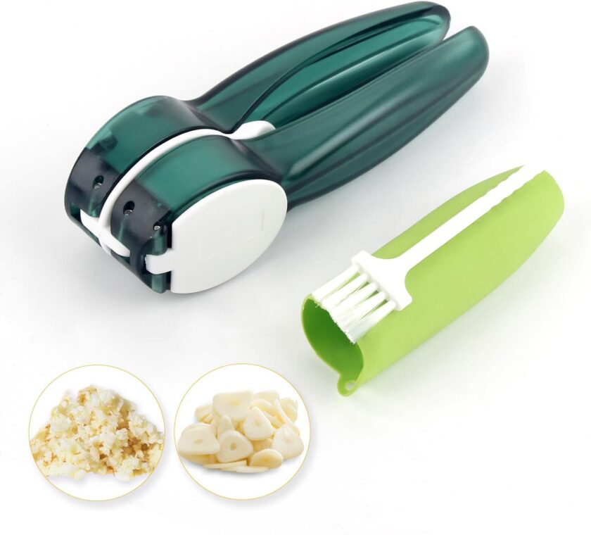 Garlic Press,Mince,And Slice Garlic, 2 in 1 Garlic Press with Cleaning Brush and Garlic Peeler,Food-Grade PC/PS and Stainless-Steel,Ergonomic Handle,Dishwasher Safe