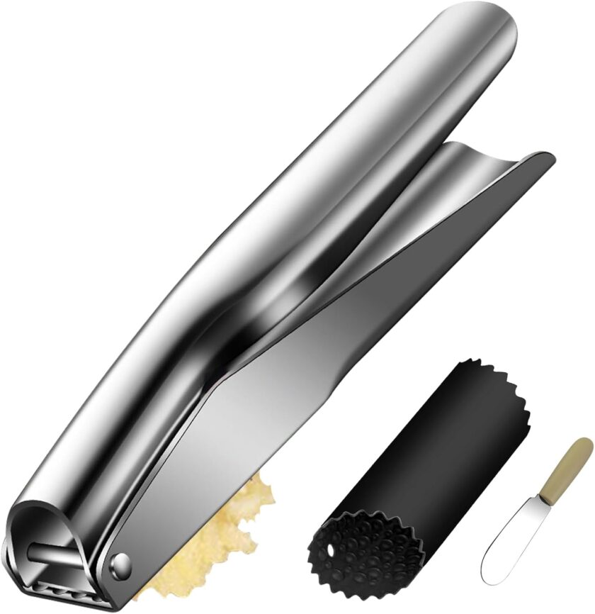 Garlic Press Heavy Duty Stainless Steel Easy Cleaning Garlic Mincer Garlic Crusher Gar with Peeler And Scraper for Smash Garlic, large, Silver/Black