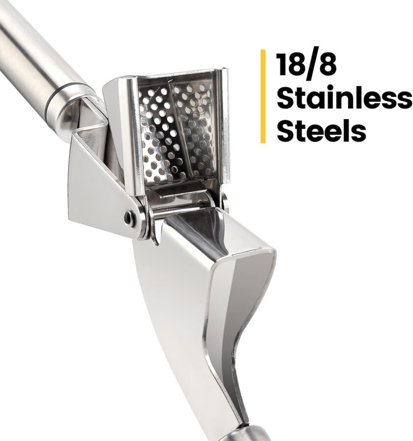 Garlic Press Mincer, 304 Stainless Steel Garlic Press with Garlic Peeler Tube, Heavy Duty Metal Ginger Press, Silver - Image 2
