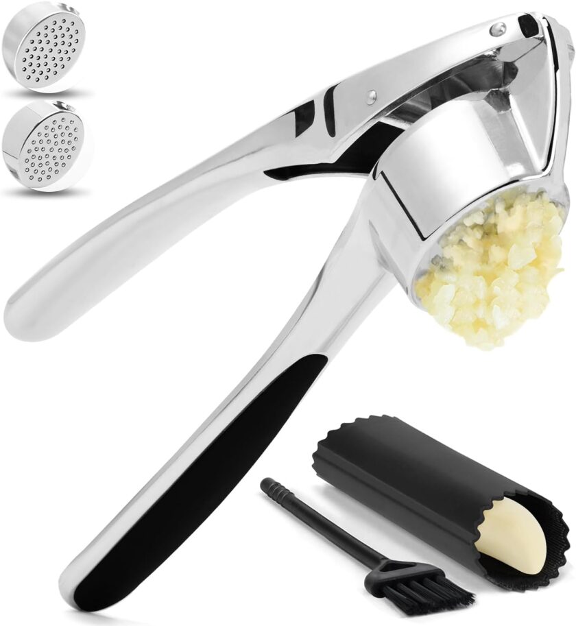 Garlic Press with Silicone Peeler & Brush - Mincer & Crusher - Easy to Use & Clean - Rustproof - Dishwasher Safe - Press Garlic with Ease (Bright,Silver)