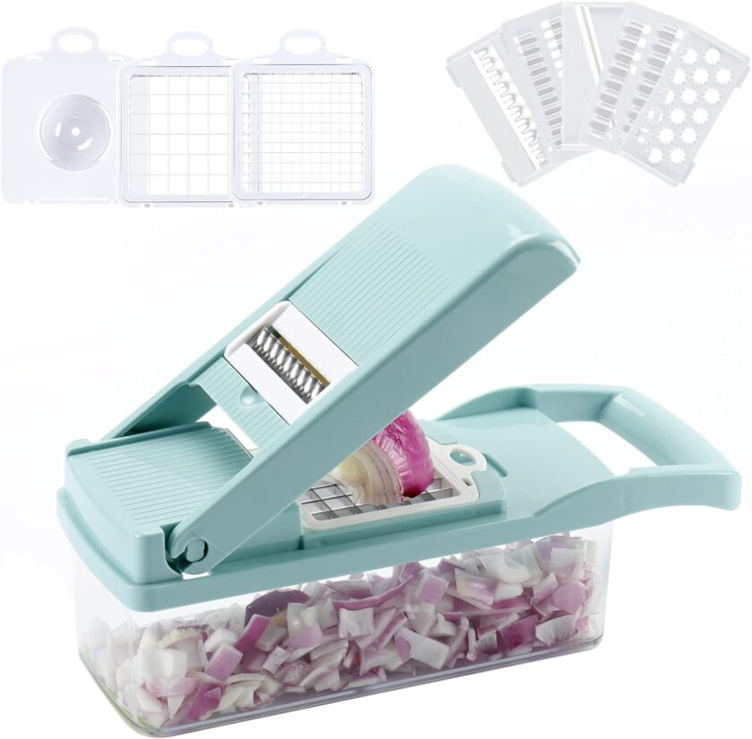 Vegetable Chopper,  Multifunctional Vegetable Cutter Onion Chopper Mandoline Slicer Dicer with Colander Basket and Container 8 Interchangeable Blades