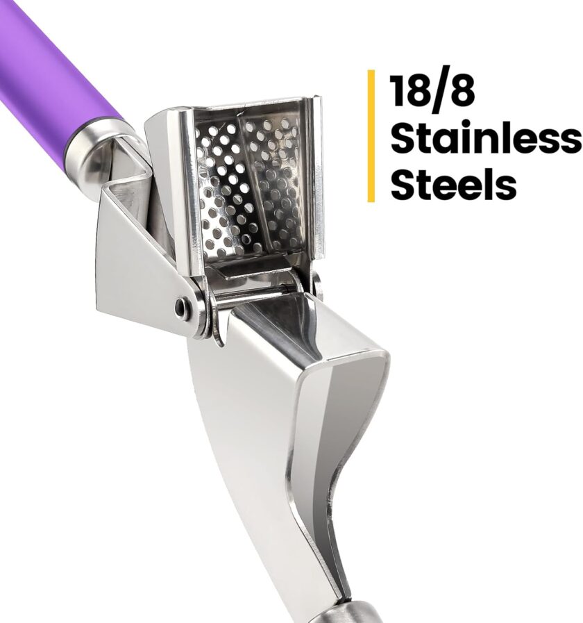 Garlic Press Mincer, 304 Stainless Steel Garlic Press with Garlic Peeler Tube, Heavy Duty Metal Ginger Press, Purple - Image 2