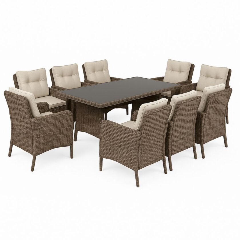 Juego de Comedor de Jardín de Rattan de 10 Piezas con Mesa Rectangular y Sillas Doble Tapizadas