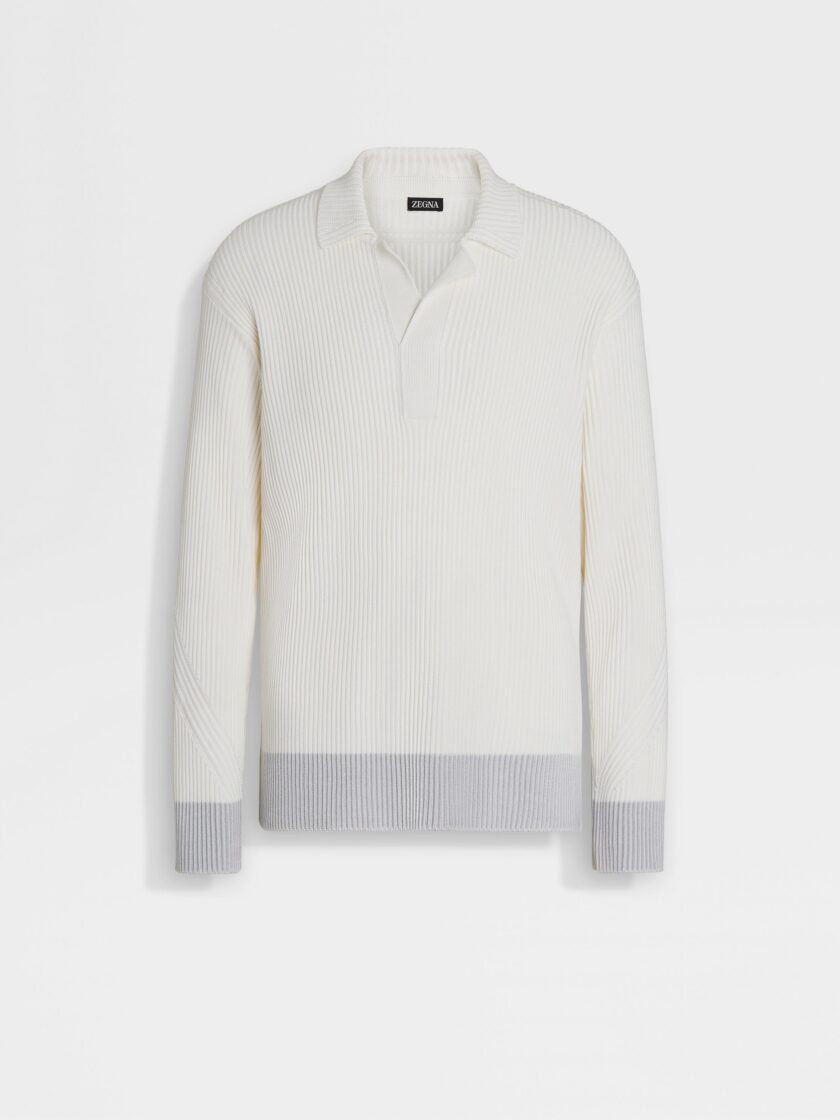 White and Grey Silk and Cotton Polo Shirt