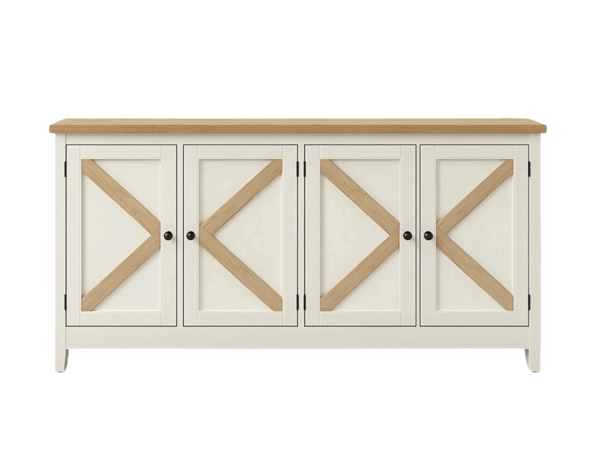 Credenza a 4 ante stile rustico per soggiorno o sala da pranzo in legno MDF bianco e rovere naturale