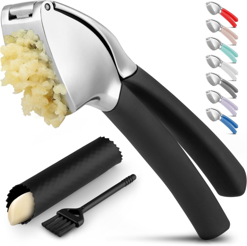 Comfort Grip Garlic Press - Garlic Mincer Tool - Garlic Crusher - Garlic Press Mincer Rust Proof, with Soft Ergonomic Handle, Easy Clean Set with Peeler and Brush