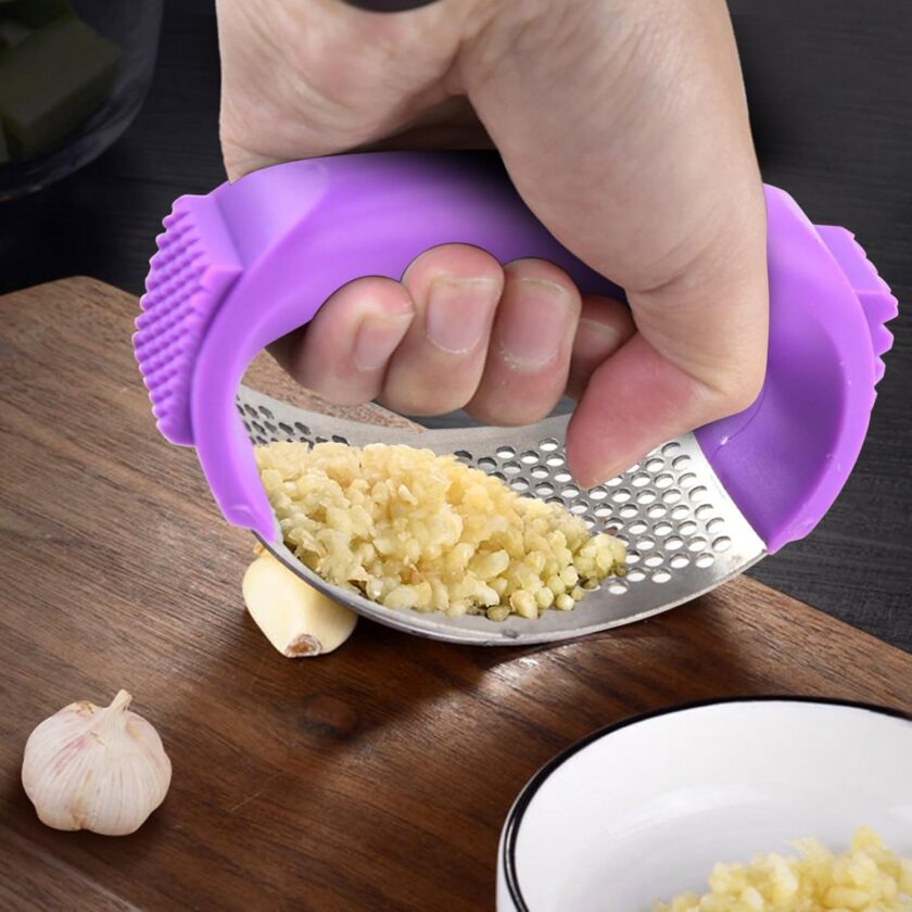 2024 Upgrade Stainless Steel Garlic Presser, Handle Gar, Portable Manual Garlic Press, Household Creative Upgraded Garlic Press Rocker for Garlic, Carrot (Pueple)