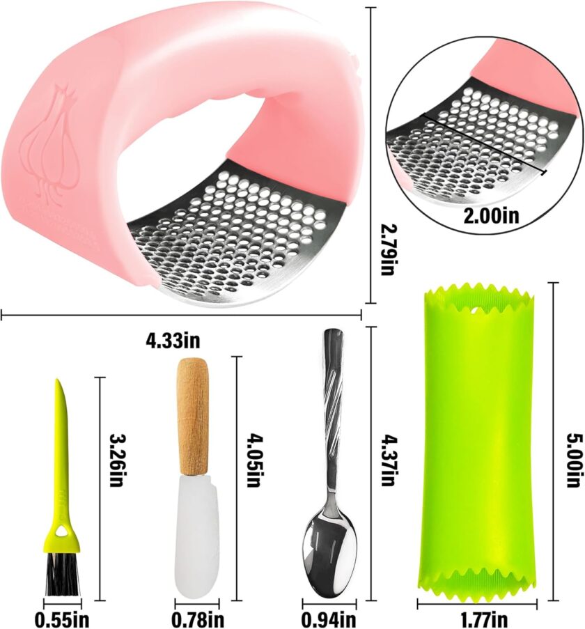 Garlic Press Rocker, Stainless Steel Garlic Mincer and Garlic Crusher with Peeler and Scraper, Comfortable Grip（Pink） - Image 2