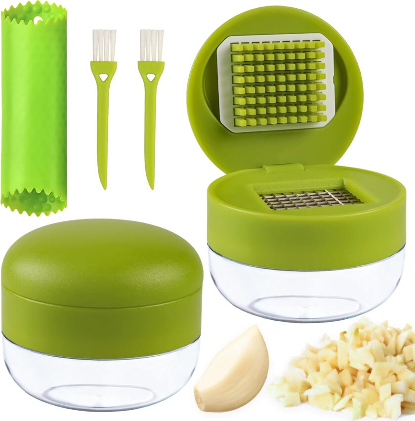 2 Pcs Garlic Press Stainless Steel, Garlic Mincer Crusher with Peeler and Cleaning Brush, Gar Mini  Tool