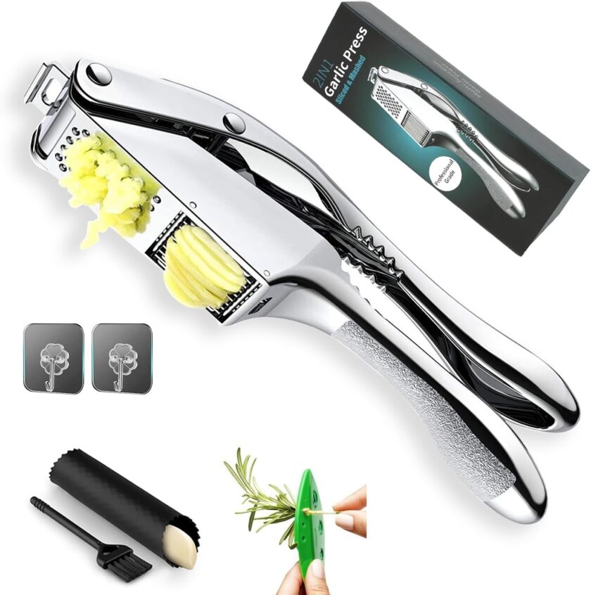Garlic Press and Slicer 3 In 1, Food Grade Stainless Steel Garlic Mincer Chopper Crusher  Garlic Press  Tool with Garlic Peeler Skin Remover and Clean Brush