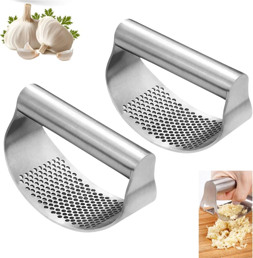 2PCS Stainless Steel Garlic Presser, 2024 New Sainless Steel Manual Garlic Presser Crusher Garlic, Gar, for Smash Garlic  Tools Stainless Steel Garlic Crusher