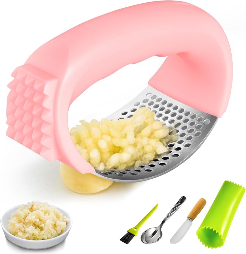 Garlic Press Rocker, Stainless Steel Garlic Mincer and Garlic Crusher with Peeler and Scraper, Comfortable Grip（Pink）