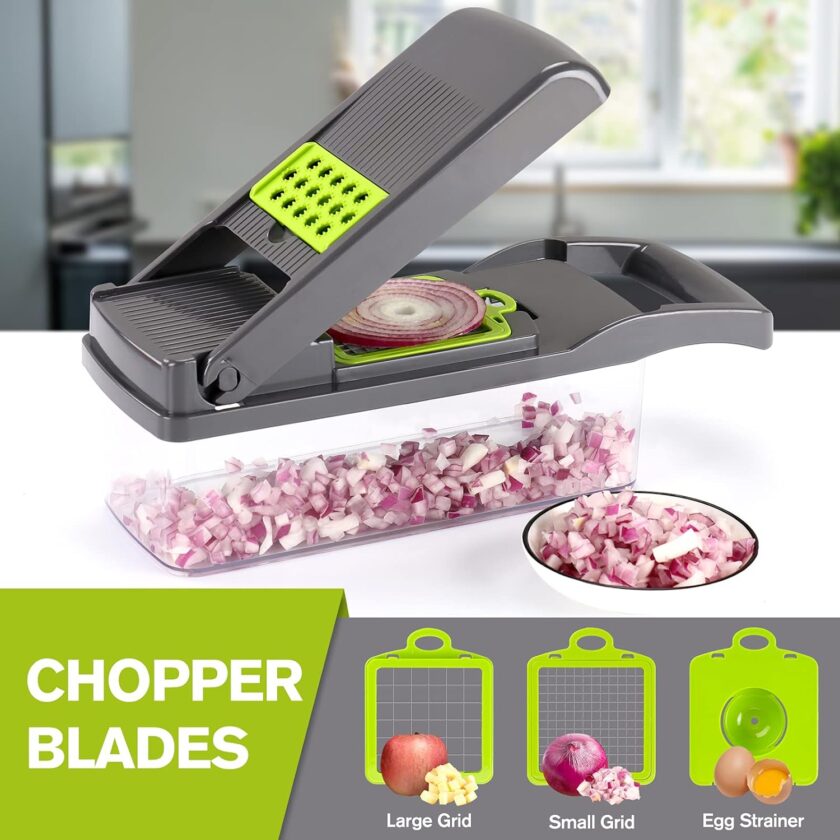 Vegetable Chopper 12in1 Veggie Chopper Slicer Cutter Food Dicer with Container Hand Guard Draining Basket, Grey - Image 2