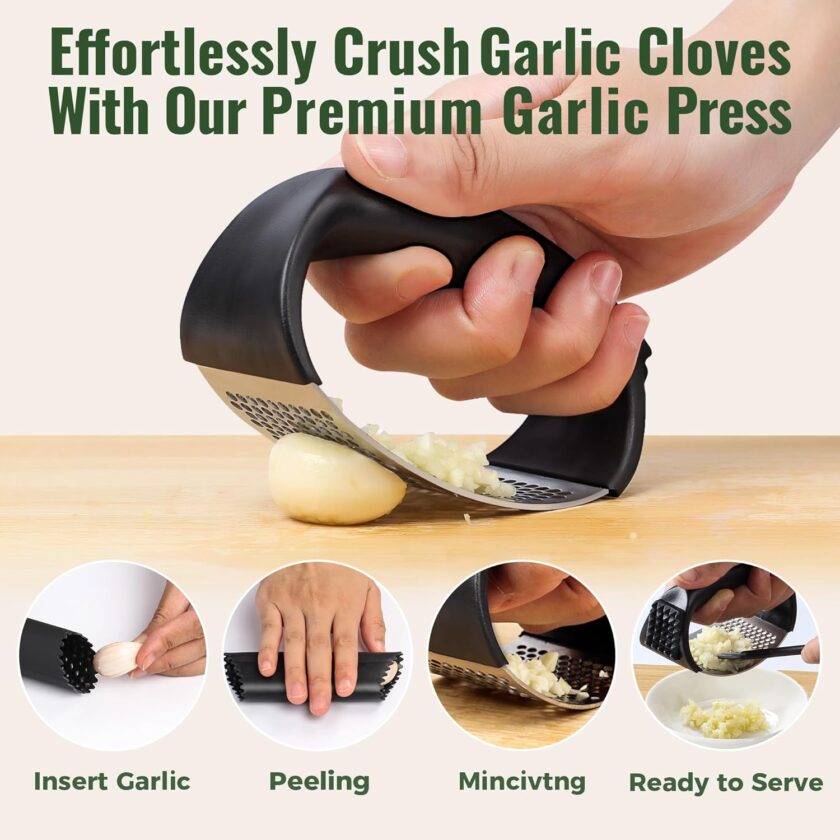 Garlic Press Rocker, Stainless Steel Garlic Mincer and Garlic Crusher, Easy-Squeeze Garlic Tool with Peeler and Cleaning Brush for Smashing Garlic - Image 2