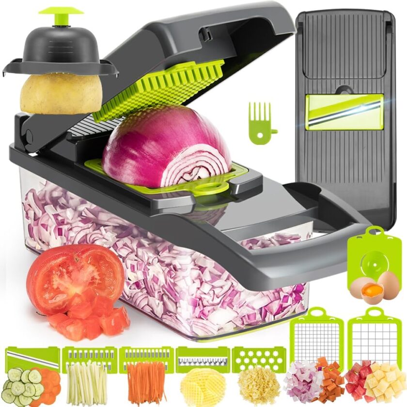 Vegetable Chopper 12in1 Veggie Chopper Slicer Cutter Food Dicer with Container Hand Guard Draining Basket, Grey