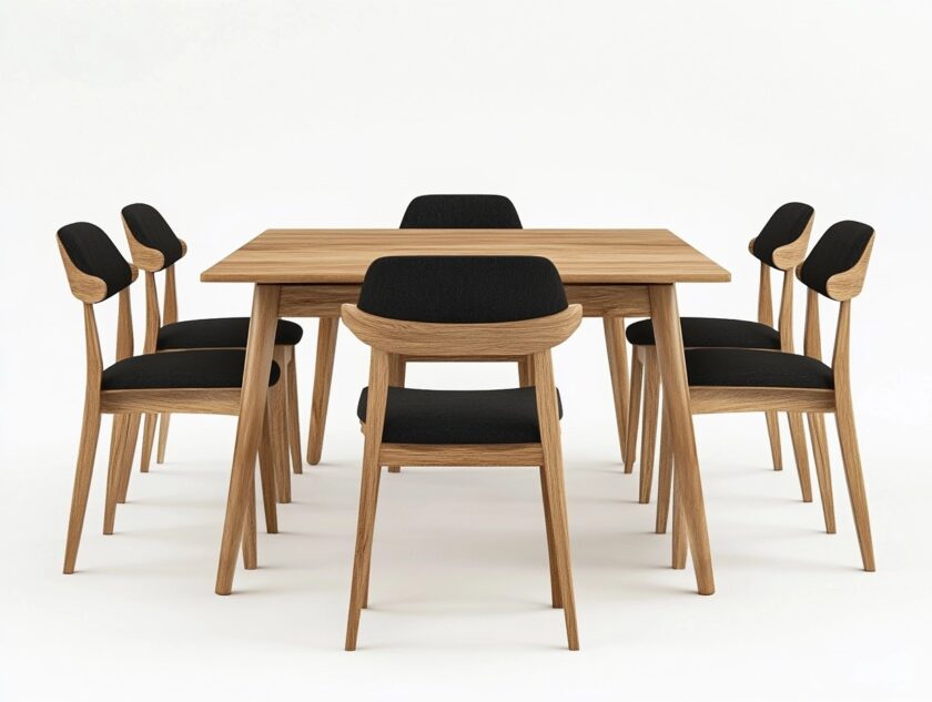Juego de comedor moderno de madera y tela negra para seis personas mesa rectangular 150x80 cm estilo escandinavo para comedor DF5996107