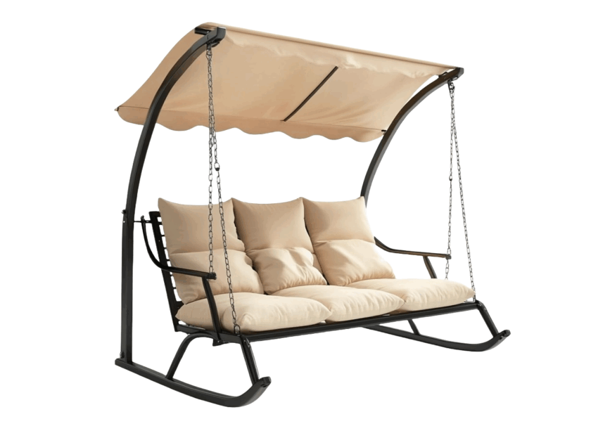 Dondolo da giardino 3 posti con tettuccio parasole in metallo e cuscini beige