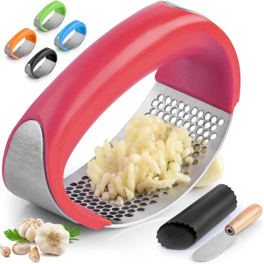 Stainless Steel Garlic Press Rocker Set - Premium Garlic Mincer Garlic Crusher - New Innovative Garlic Crusher with Peeler and Scraper - Comfortable Grip (Red)