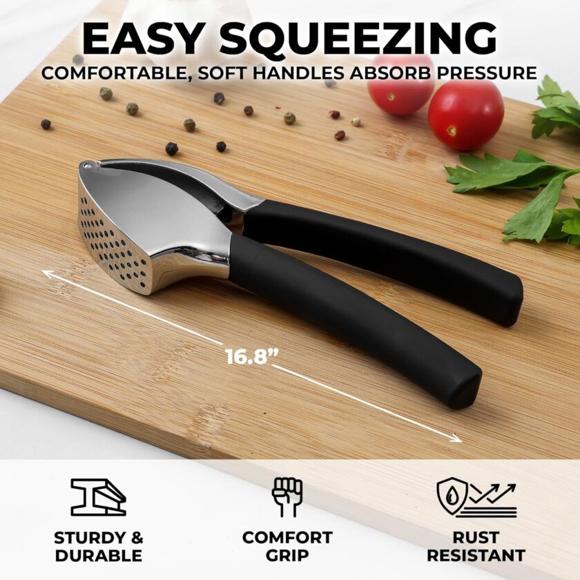 Comfort Grip Garlic Press - Garlic Mincer Tool - Garlic Crusher - Garlic Press Mincer Rust Proof, with Soft Ergonomic Handle, Easy Clean Set with Peeler and Brush - Image 2