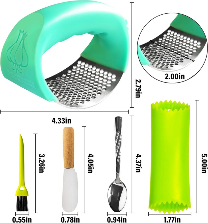 Garlic Press Rocker, Stainless Steel Garlic Mincer and Garlic Crusher with Peeler and Scraper, Comfortable Grip（Green） - Image 2