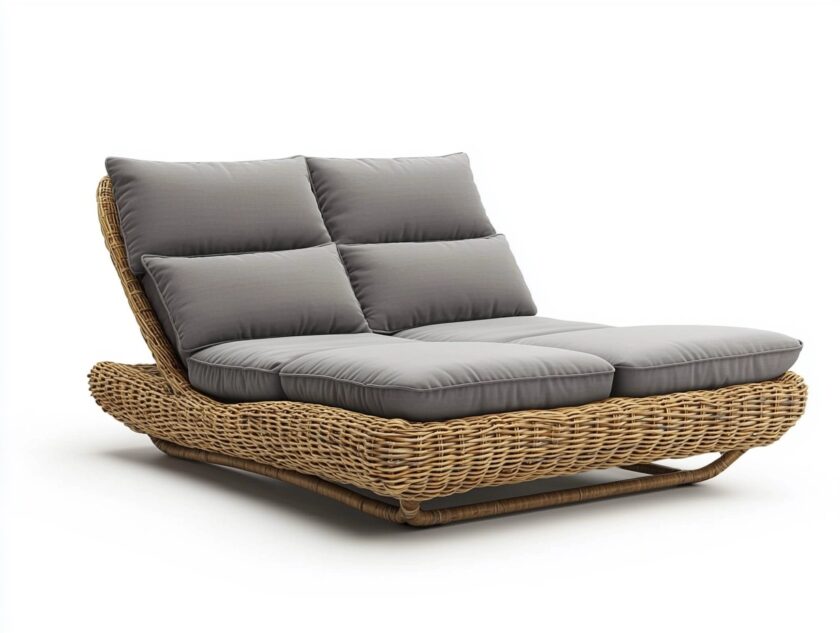 Sofá doble de ratán natural con cojines grises diseño moderno para jardín 160x110cm YC8725151