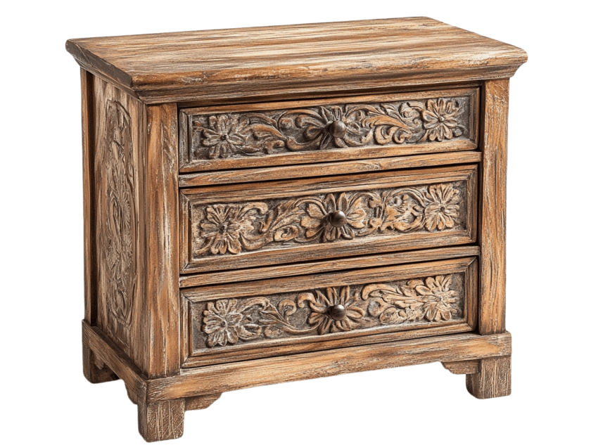 Comodino in legno intagliato a mano con 3 cassetti, stile rustico vintage