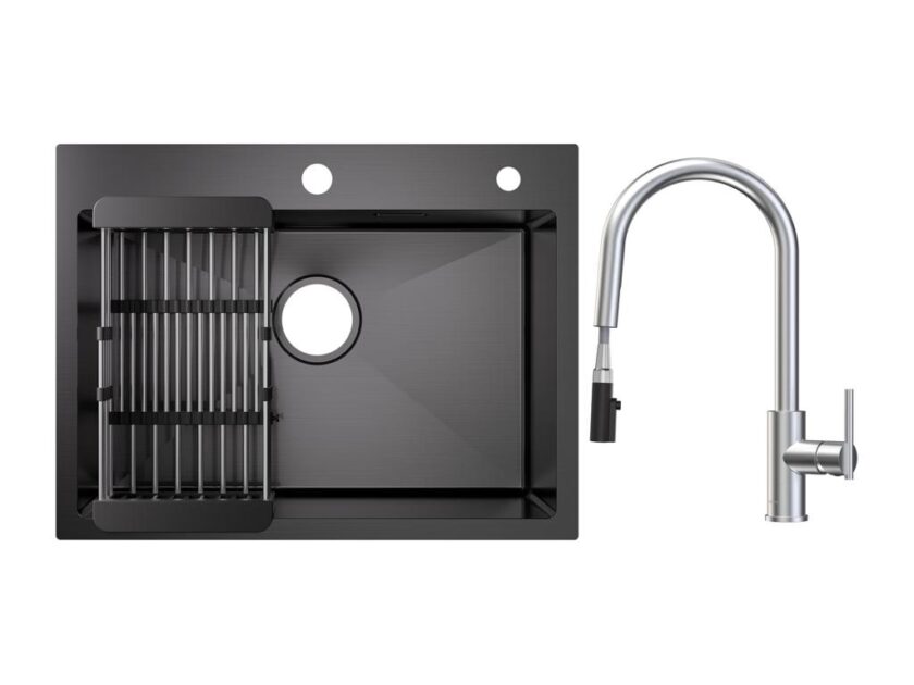 ÉVier De Cuisine Inox 60×45Cm, ÉVier 1 Bac Avec Panier De Drainage + Mitigeur De Cuisine Avec Douchette Extractible, 2 Modes De Sortie D'Eau, Brossé