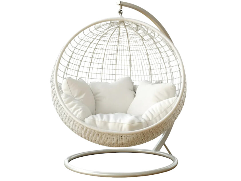 Fauteuil suspendu œuf design en rotin blanc pour jardin ou salon confortable et spacieux avec coussins diamètre 105 cm
