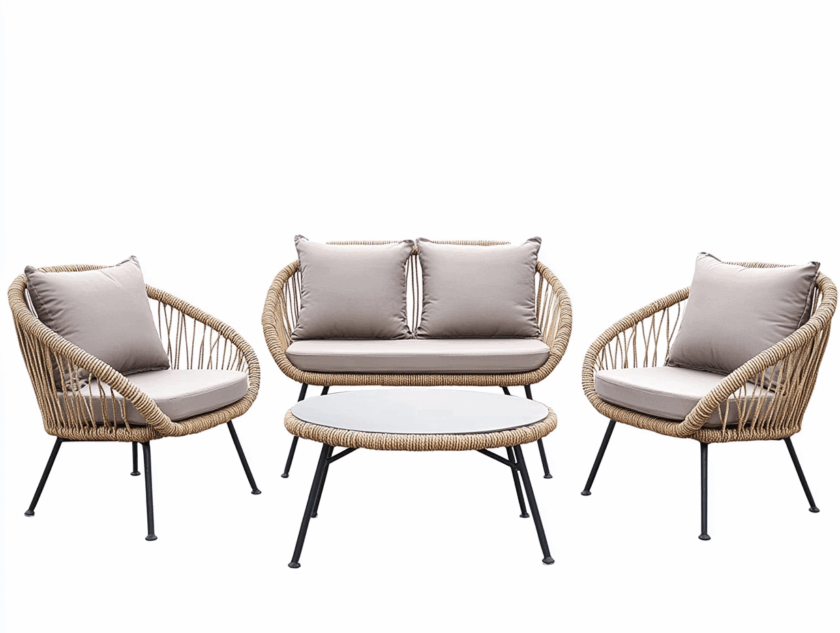 Ensemble salon de jardin en rotin synthétique style moderne 4 pièces avec coussins beige structure en acier pour terrasse et balcon