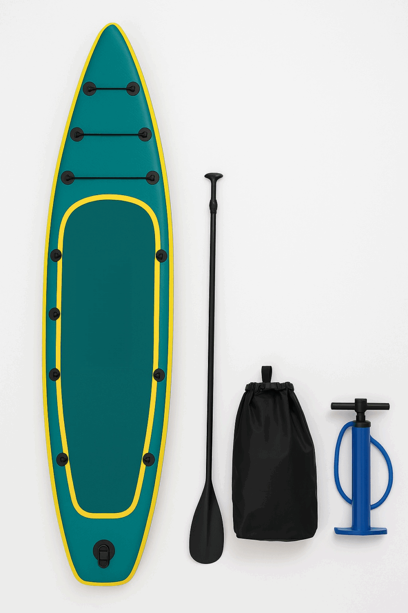 Planche de paddle gonflable, couleur turquoise et jaune, fabriquée en PVC, idéale pour les activités aquatiques, avec fonction de montage; dimensions 300x82x34 cm