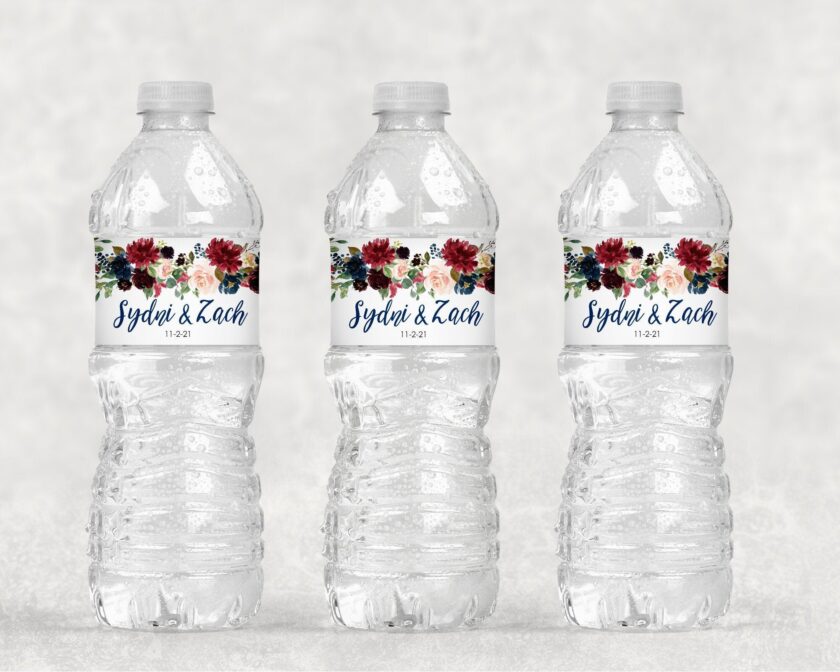 Burgundy Navy Blue Floral Beverage Labels Waterproof Set of 10