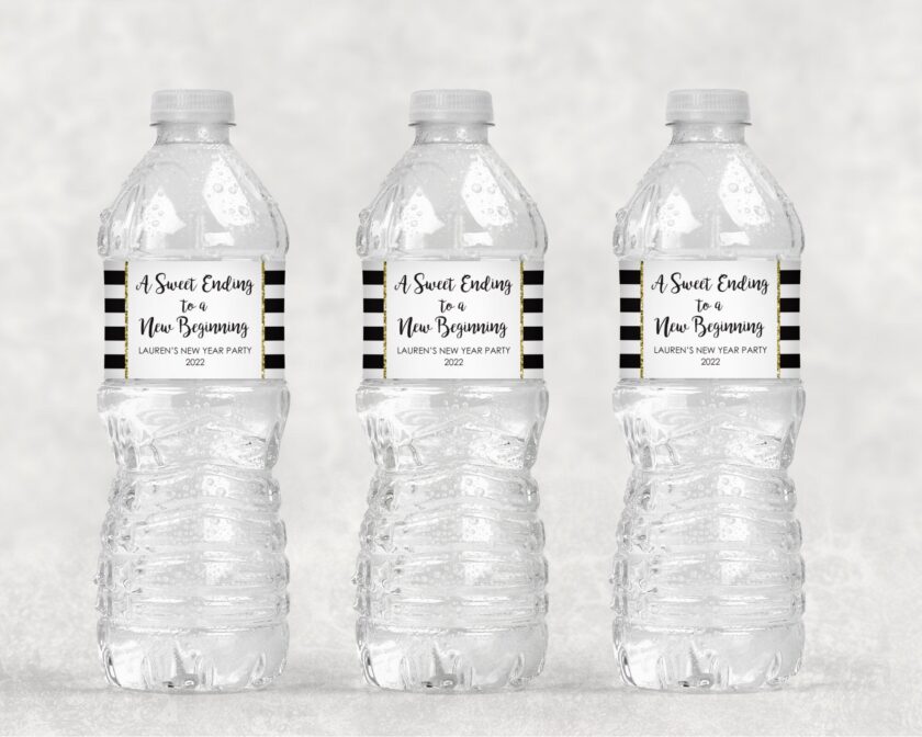 New Year's Beverage Labels - Gold Glitter Black Set of 10