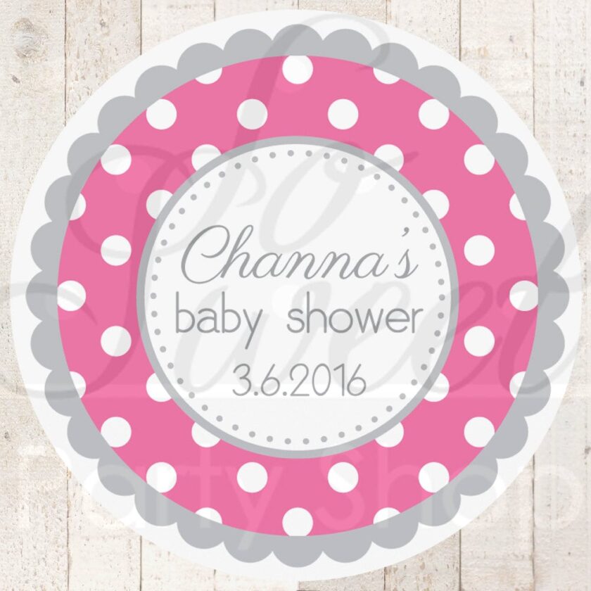 Baby Shower Favor Sticker Labels Pink and Gray Polka Dot