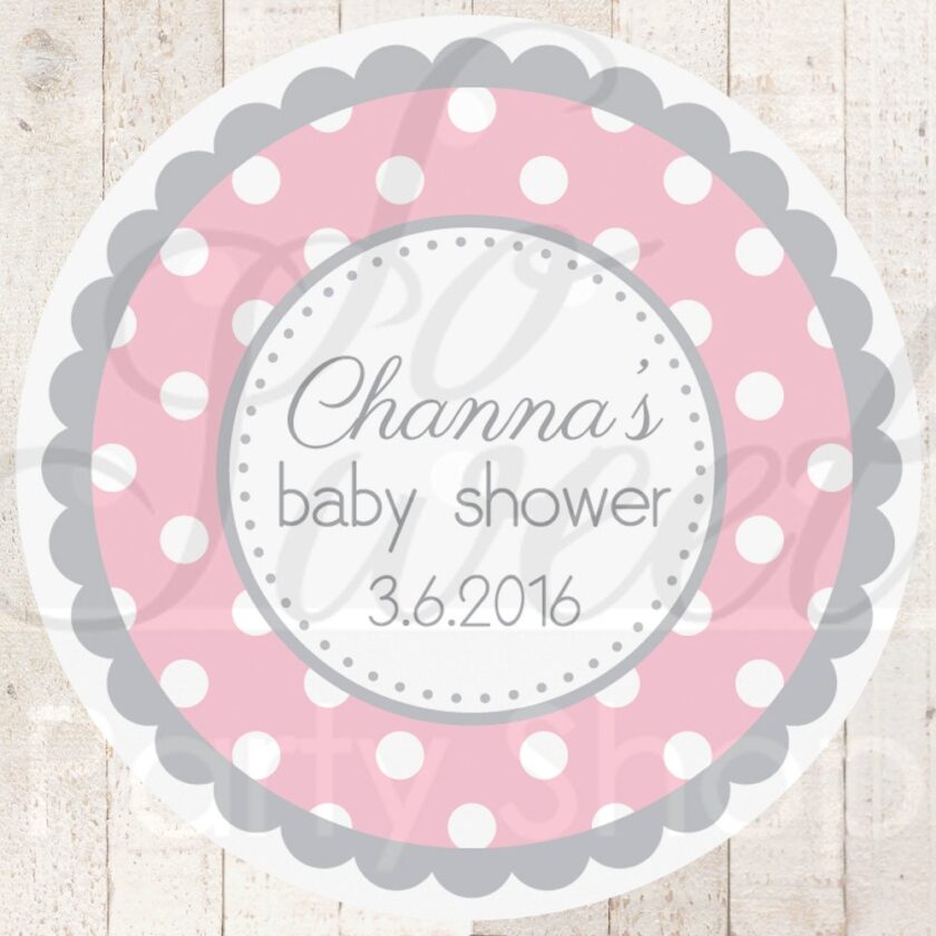 girl's party favor sticker labels pink and gray polka dot