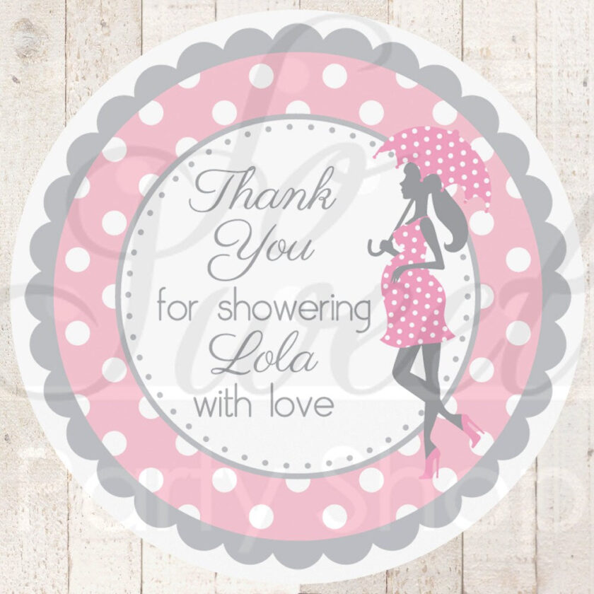 baby shower favor sticker labels pastel pink and gray polka dot