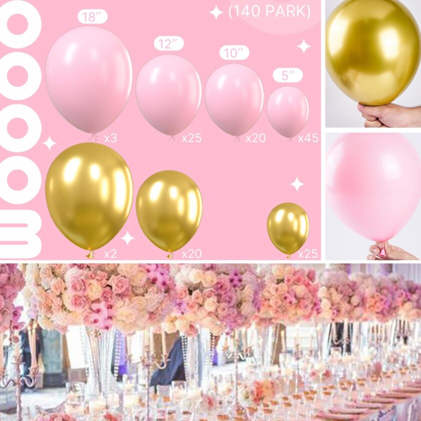Pastel Pink and Metallic Gold Party Balloons - Assorted Sizes - Image 2