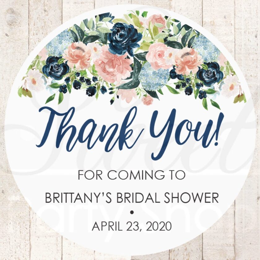 navy blue floral pink thank you stickers set of 24